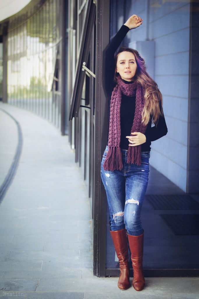 Aubergine crochet lace scarf with fringe by Kyla Zoran