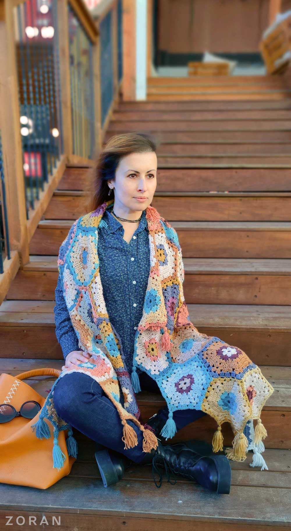 Arlene hexagonal crochet shawl with tassels by Kyla Zoran
