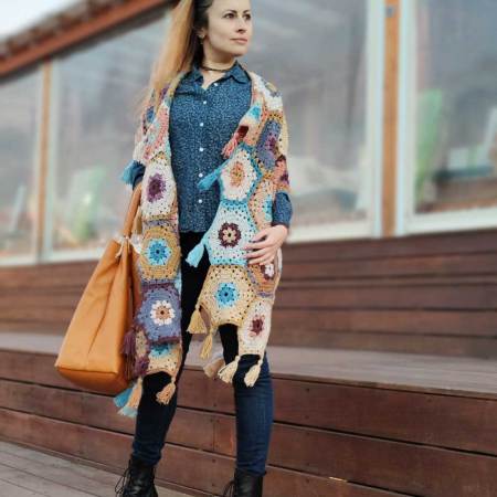 Arlene hexagonal crochet shawl with tassels by Kyla Zoran