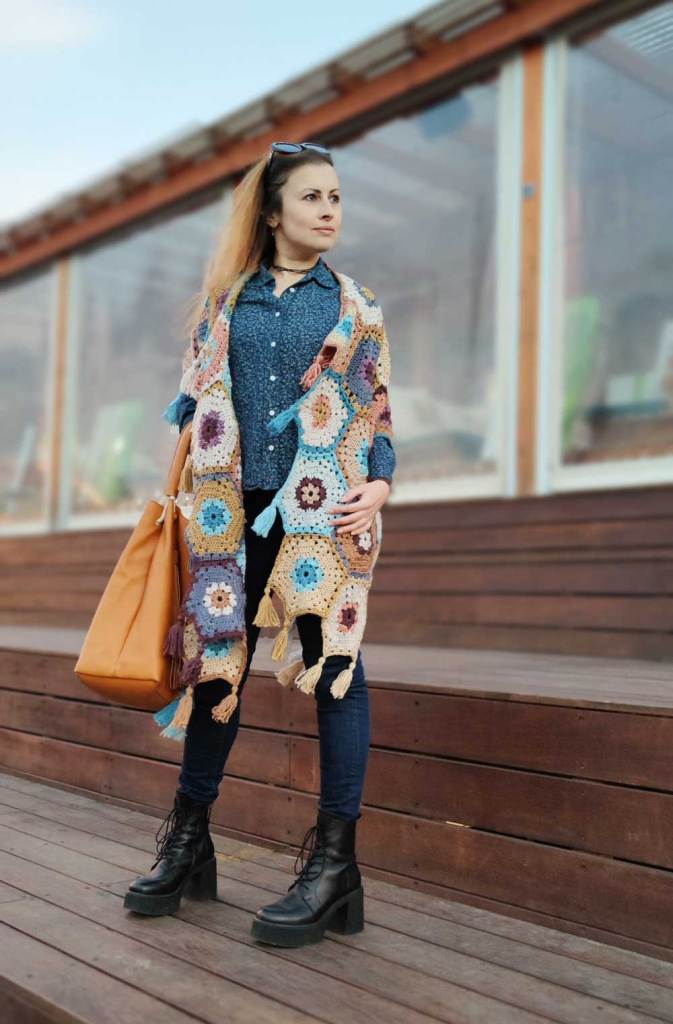 Arlene hexagonal crochet shawl with tassels by Kyla Zoran