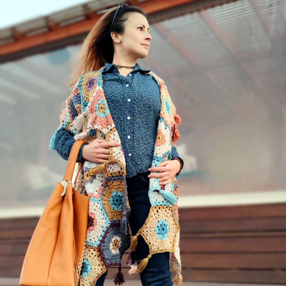 Arlene hexagonal crochet shawl with tassels by Kyla Zoran