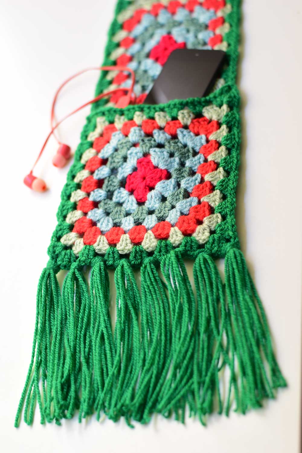 Pretty hand crochet pocketed scarf with fringe by Kyla Zoran